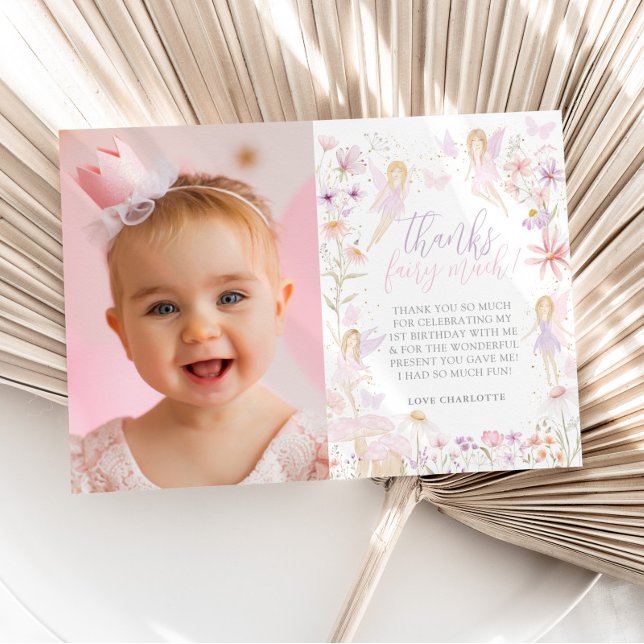 Fairy 1st Birthday Fairy First Party Photo Thank You Card (Fairy 1st Thank You Card with Photo)