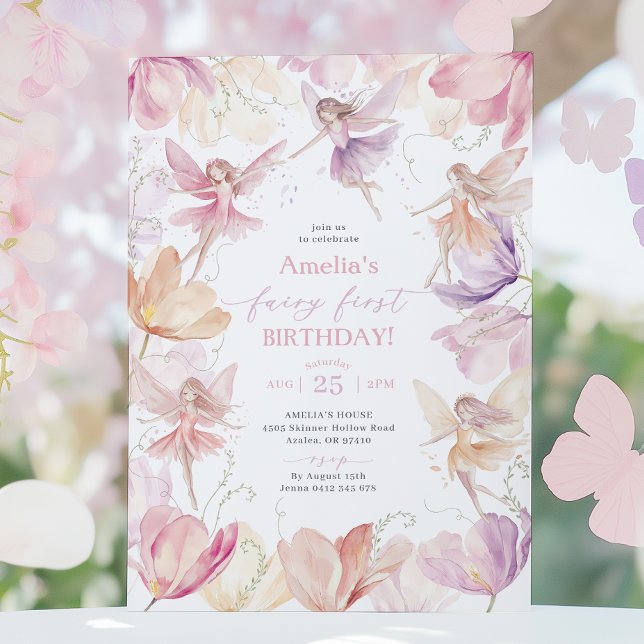 Fairy 1st Birthday Fairy Party Pink Peach Purple Invitation (Fairy First Birthday Party in pink, peach and purple. )
