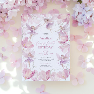 Fairy 1st Birthday Girls Fairy Party Pink Purple Invitation