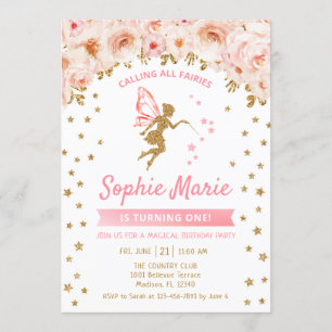 Fairy 1st Birthday - Gold Pink Invitation