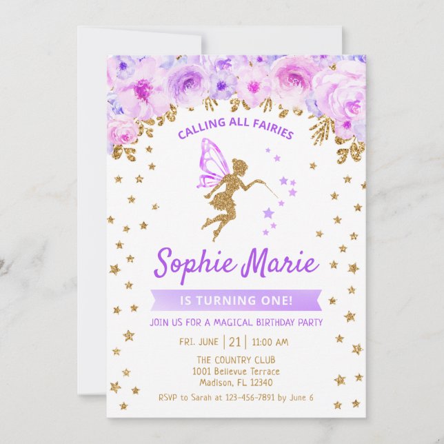 Fairy 1st Birthday - Gold Purple Invitation (Front)