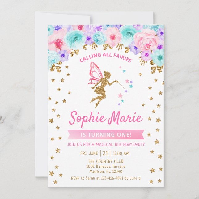 Fairy 1st Birthday - Gold Teal Purple Pink Invitation (Front)