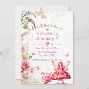 Fairy 1st Birthday Invitation Floral Princess Pink