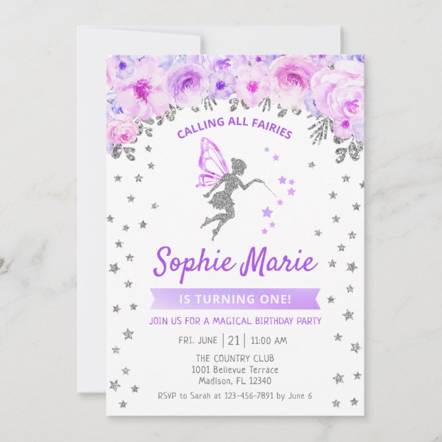 Fairy 1st Birthday - Silver Purple Invitation (Front)