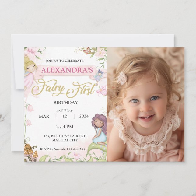 Fairy 1st First Birthday Girl Photo Forest  Invitation (Front)