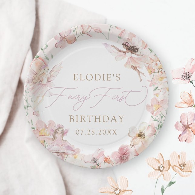 Fairy 1st Pink Floral Girls Birthday Paper Plate (Creator Uploaded)