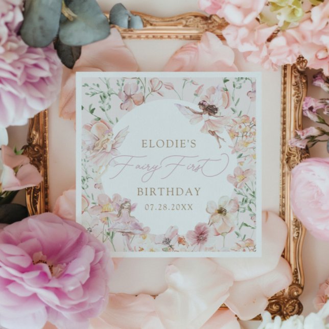 Fairy 1st Pink Floral Girls Disposable Birthday Napkin (Creator Uploaded)