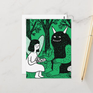 Fairy and a Cute Monster Pizza Party in the Woods Postcard