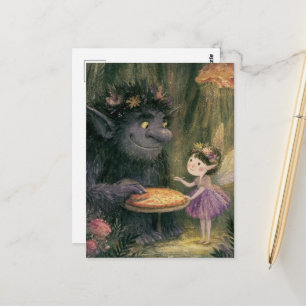 Fairy and a Cute Troll Pizza Party in the Woods Postcard