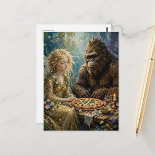 Fairy and a Sasquatch Pizza Date in the Woods Postcard