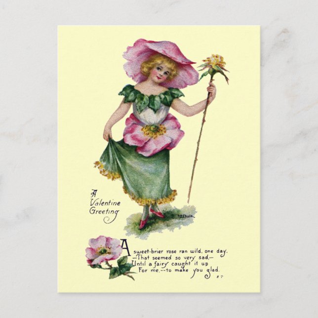 Fairy and Brier Rose Vintage Valentine Holiday Postcard (Front)