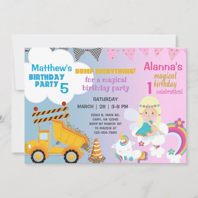 Fairy and construction truck siblings invitation. invitation (Front)