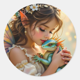 Fairy and Dragon Mystical Girl's Classic Round Sticker