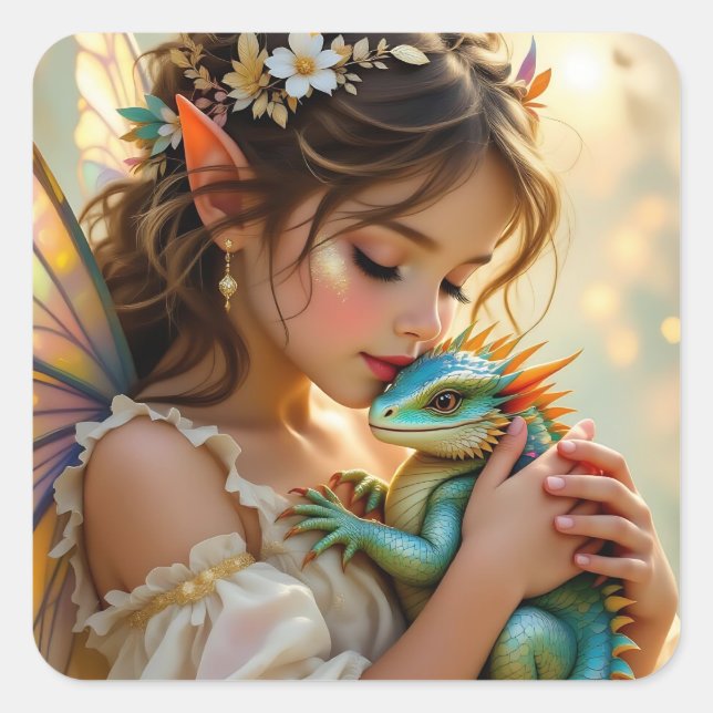 Fairy and Dragon Mystical Girl's   Square Sticker (Front)