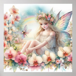 Fairy and flowers in pastel colours watercolor poster