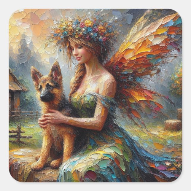 Fairy And German Shepherd Puppy Square Sticker (Front)