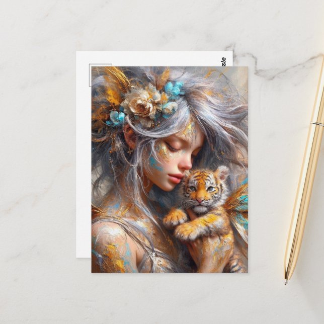 Fairy and her Baby Tiger Fairy Postcard (Front/Back In Situ)