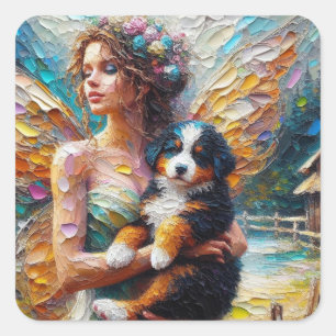Fairy and her Bernese Mountain Dog Puppy Square Sticker