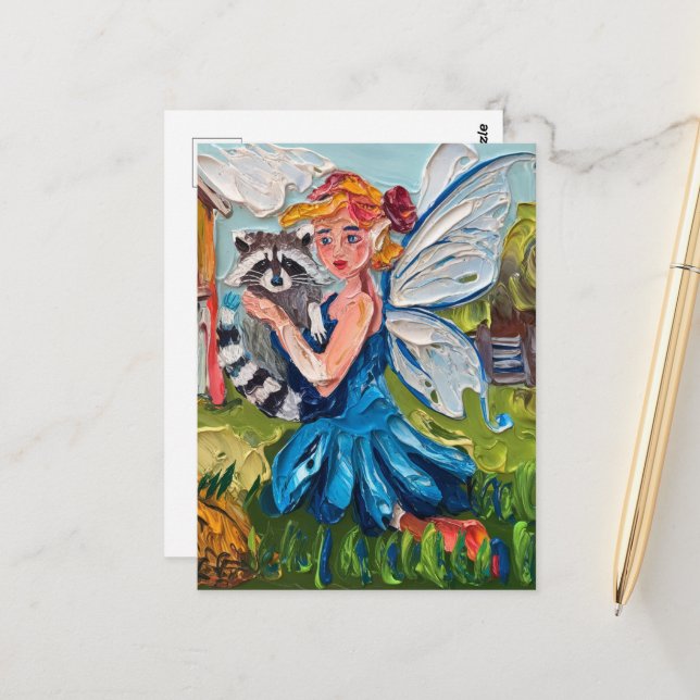 Fairy and Her Cute Pet Racoon Postcard (Front/Back In Situ)