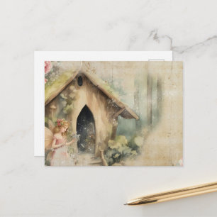 Fairy and Her Garden House Vintage Watercolor Postcard