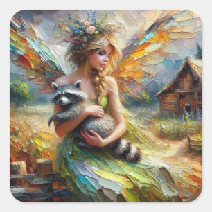 Fairy and her Pet Racoon Square Sticker