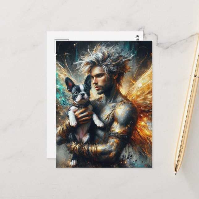 Fairy and his Boston Terrier Puppy Postcard (Front/Back In Situ)