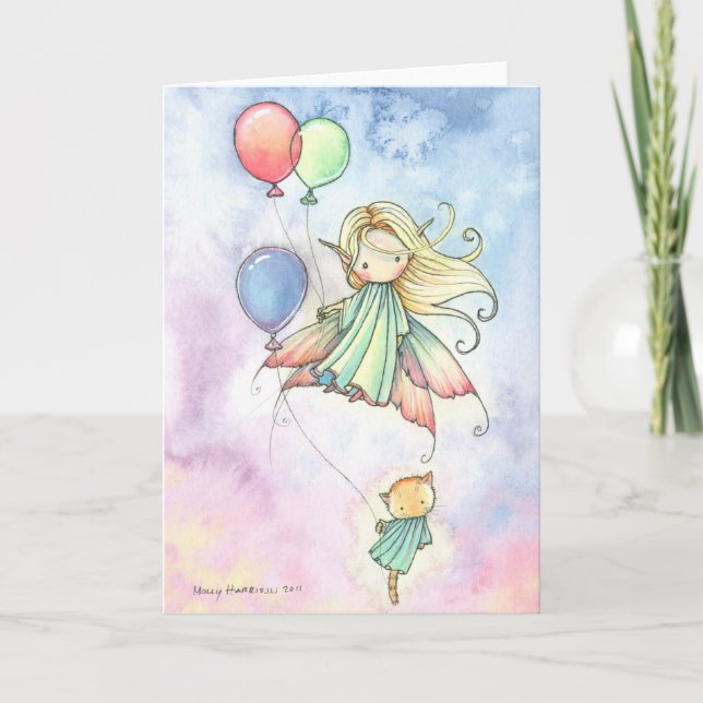 Fairy and Kitty with Balloons Birthday Card (Front)