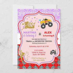 Fairy and monster trucks siblings birthday. Invit Invitation