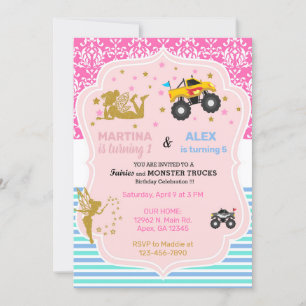  Fairy and monster trucks siblings birthday. Invitation
