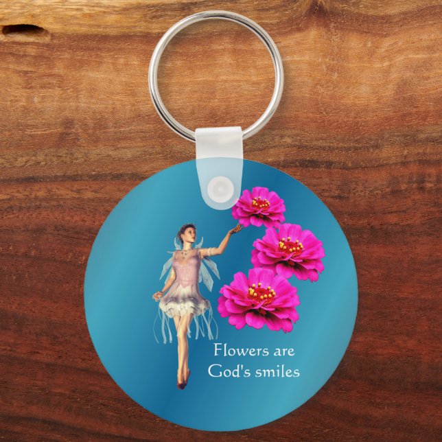 Fairy And Pink Zinnia Flowers Inspirational Key Ring (Front)