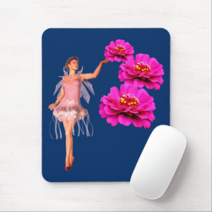 Fairy And Pink Zinnia Flowers Mouse Mat