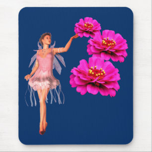 Fairy And Pink Zinnia Flowers Mouse Mat