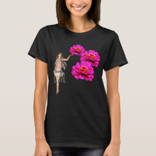Fairy And Pink Zinnias Flower Dark  T-Shirt