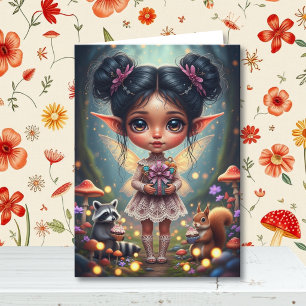 Fairy and Racoon Girl's Cottagecore Birthday Card