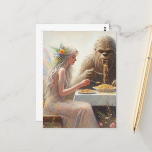 Fairy and Sasquatch Eating Spaghetti Postcard