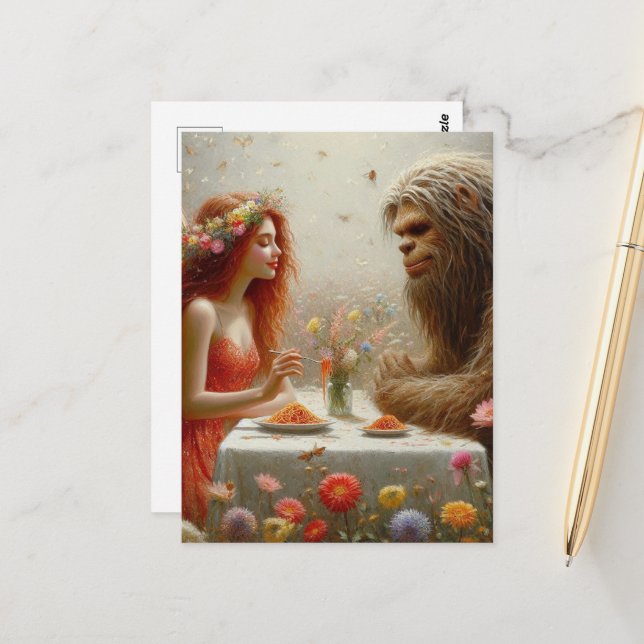 Fairy and Sasquatch Spaghetti Picnic Postcard (Front/Back In Situ)
