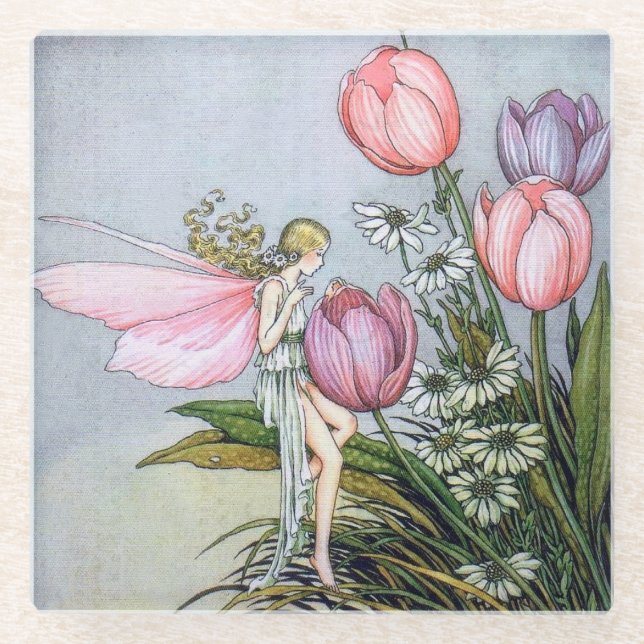 Fairy and Tulips Glass Coaster (Front)