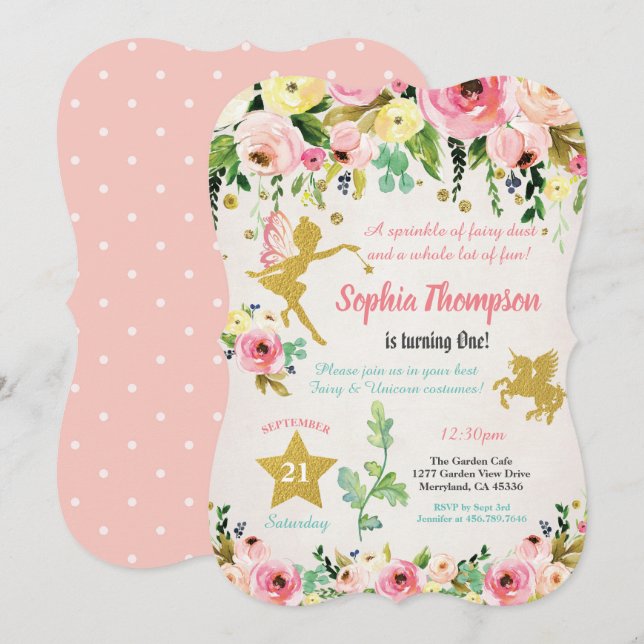 Fairy and Unicorn 1st first birthday invitation (Front/Back)