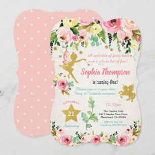 Fairy and Unicorn 1st first birthday invitation