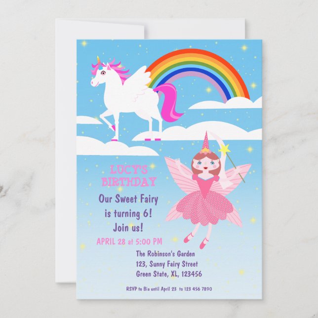 Fairy and Unicorn Birthday Girl Party Invitation (Front)