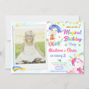 Fairy and Unicorn birthday invitation Twins photo