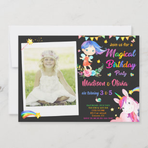 Fairy and Unicorn birthday invitation twins photo