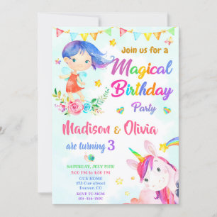 Fairy and Unicorn birthday invitation two girls