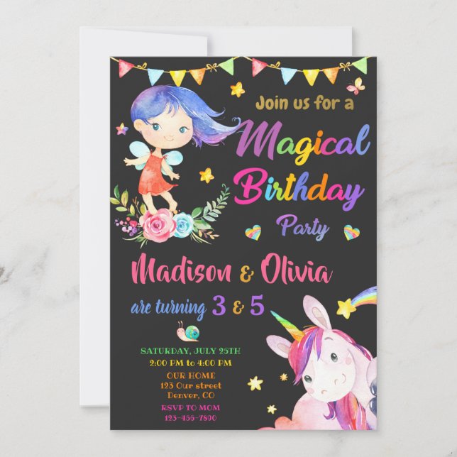 Fairy and Unicorn birthday invitation two girls (Front)