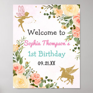 Fairy And Unicorn Floral Gold Glitter 1st Birthday Poster
