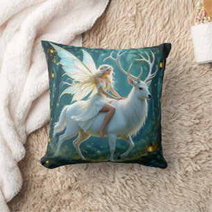 Fairy and White Deer Magical Forest Cushion