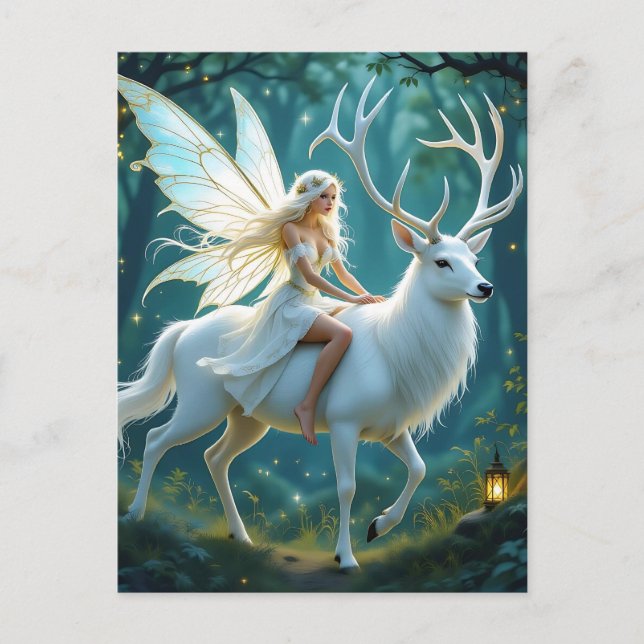Fairy and White Deer Magical Forest Postcard (Front)
