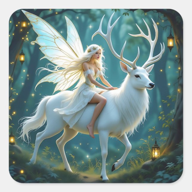 Fairy and White Deer Magical Forest Square Sticker (Front)