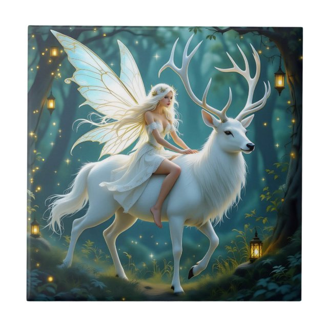 Fairy and White Deer Magical Forest Tile (Front)