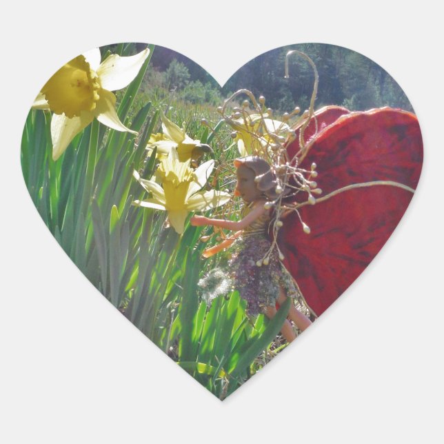 Fairy and yellow flowers heart sticker (Front)